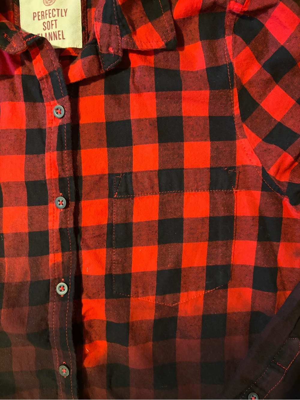 Upcycled CBGB OMFUG Graphic Ombré Dyed Red and Black Plaid Flannel Shirt Sz Med - Picture 5 of 7